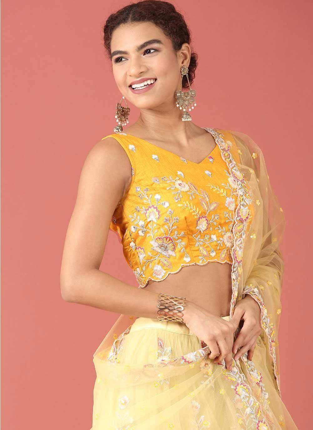 Lehenga Choli Net Mustard Embroidered Lehenga Choli