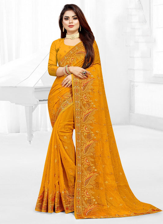 Contemporary Shimmer Georgette Mustard Embroidered Saree