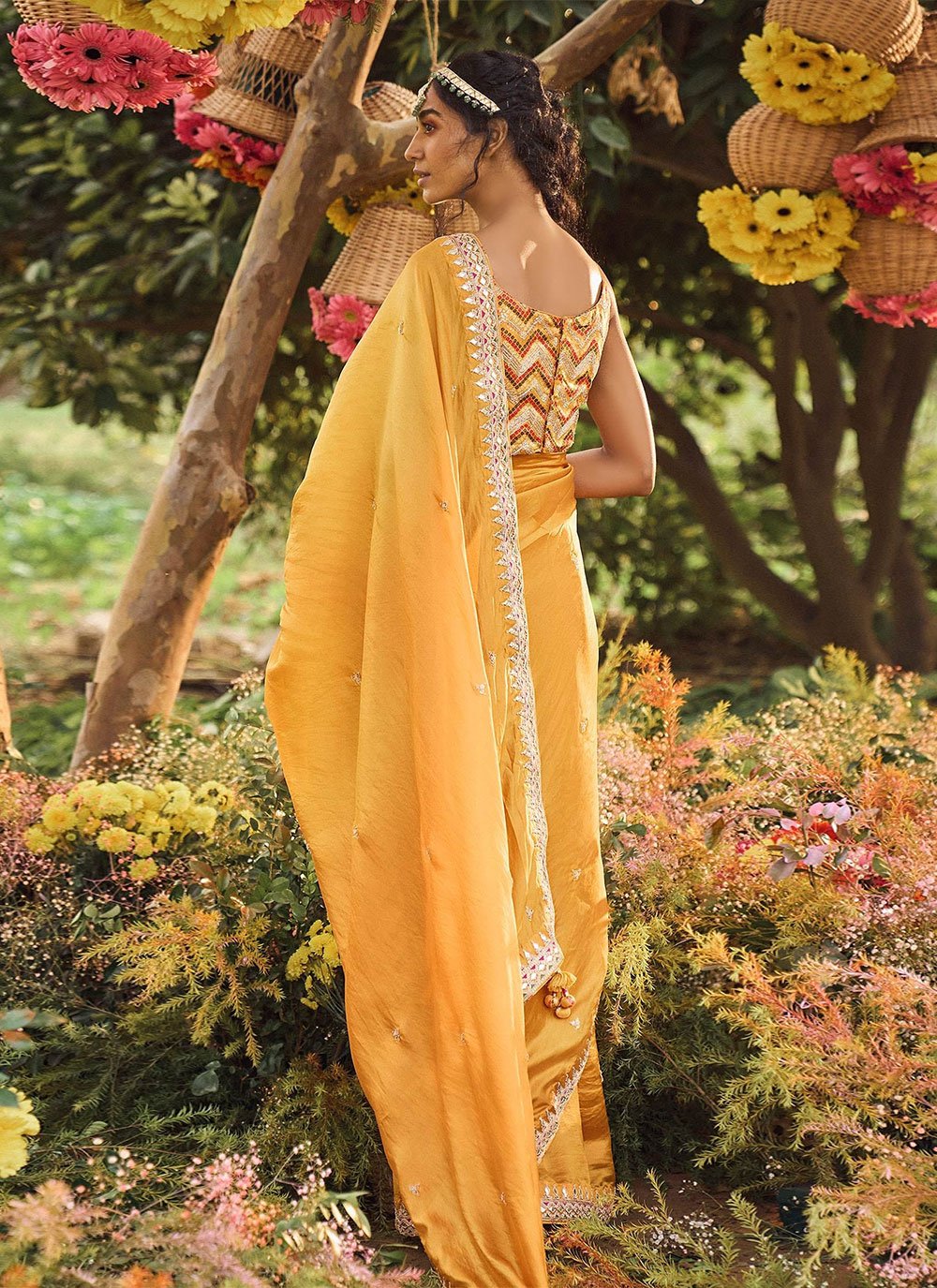 Contemporary Silk Mustard Fancy Work Saree