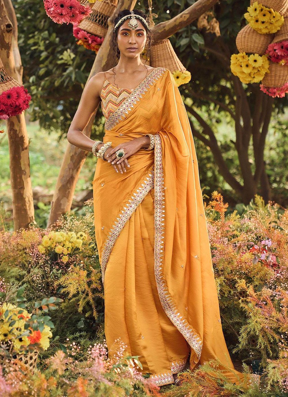 Contemporary Silk Mustard Fancy Work Saree