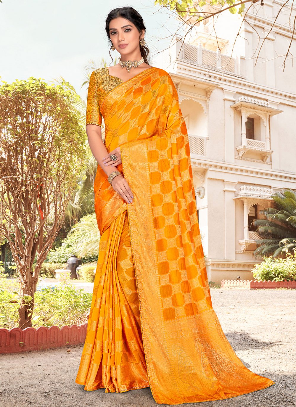 Contemporary Silk Mustard Patch Border Saree