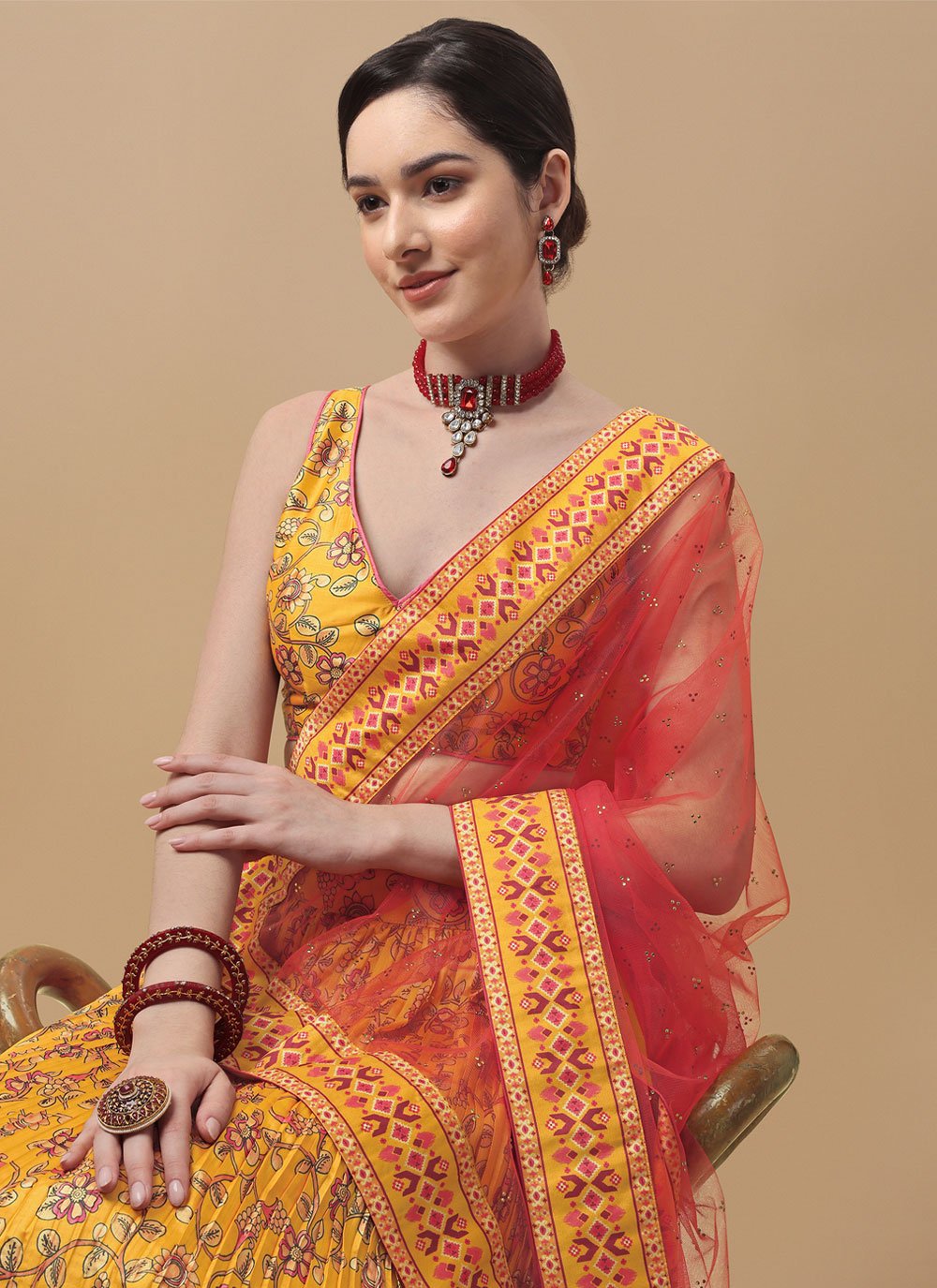 Lehenga Choli Silk Mustard Digital Print Lehenga Choli