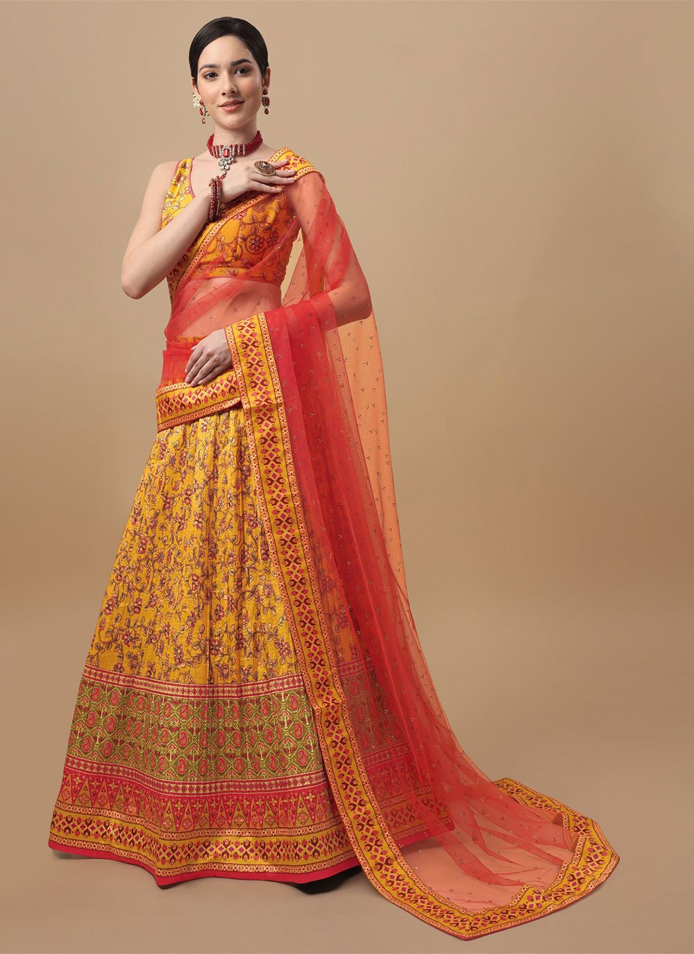 Lehenga Choli Silk Mustard Digital Print Lehenga Choli