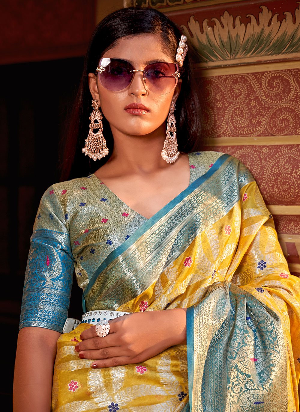 Contemporary Silk Tissue Mustard Weaving Saree