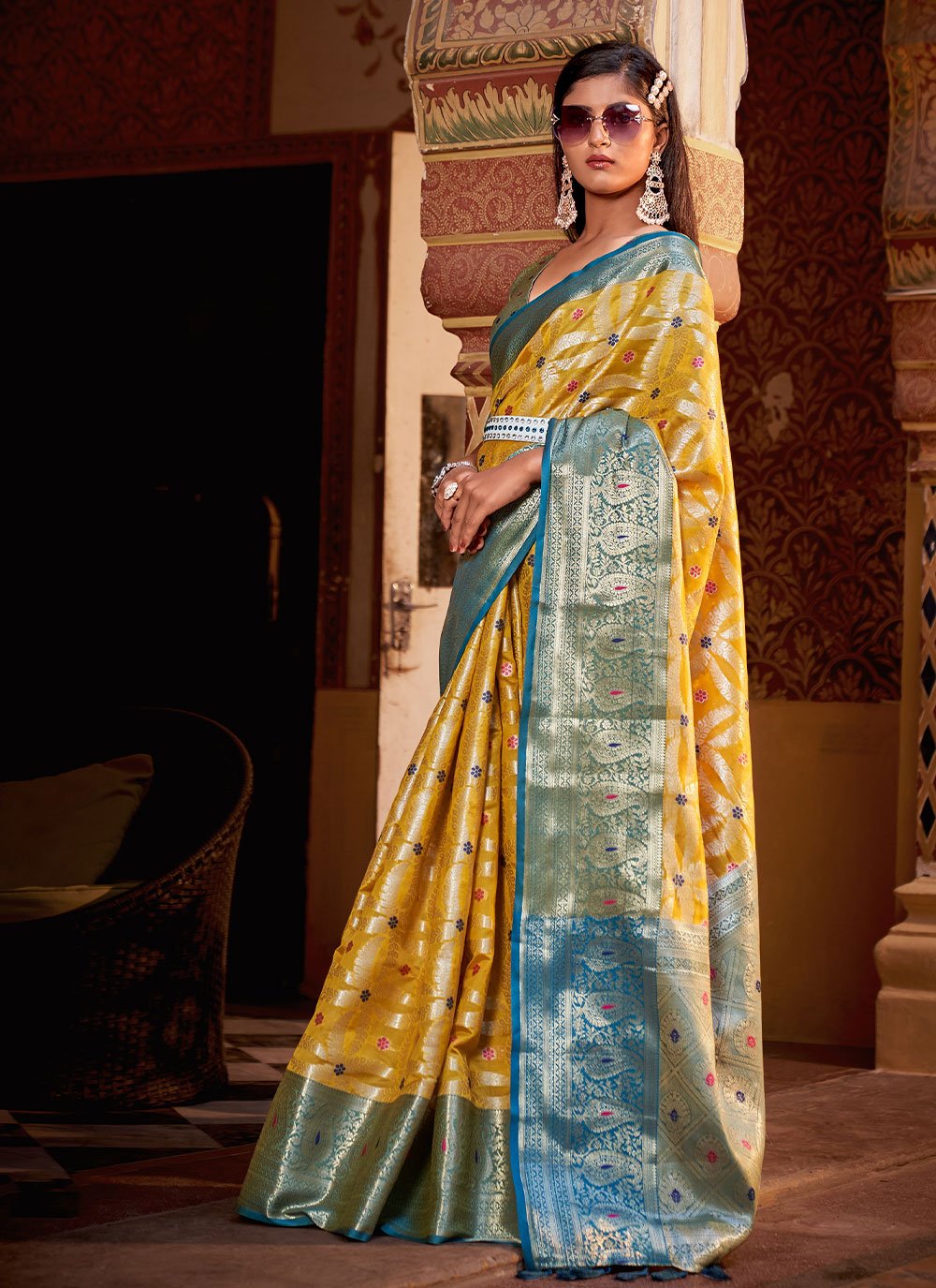 Contemporary Silk Tissue Mustard Weaving Saree