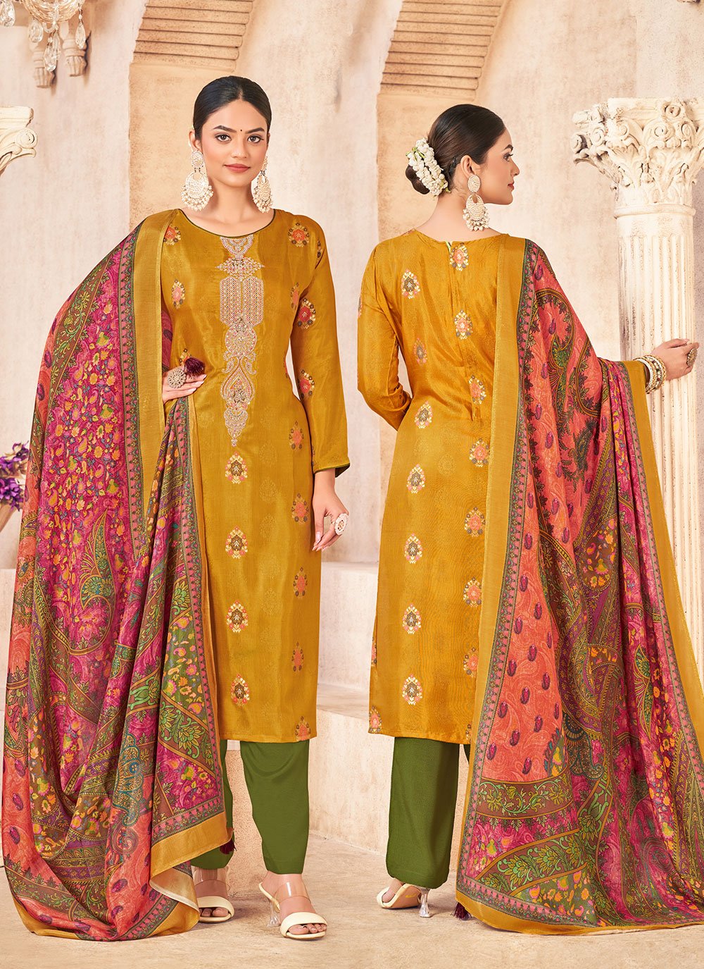 Straight Salwar Suit Jacquard Muslin Mustard Embroidered Salwar Kameez