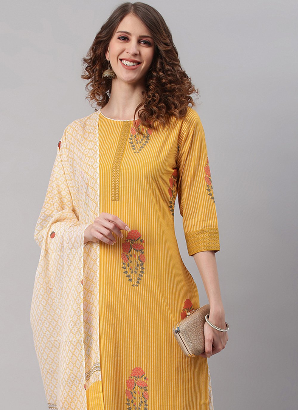 Straight Salwar Suit Cotton Mustard Strips Print Salwar Kameez
