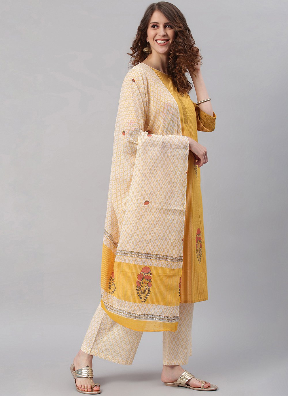 Straight Salwar Suit Cotton Mustard Strips Print Salwar Kameez
