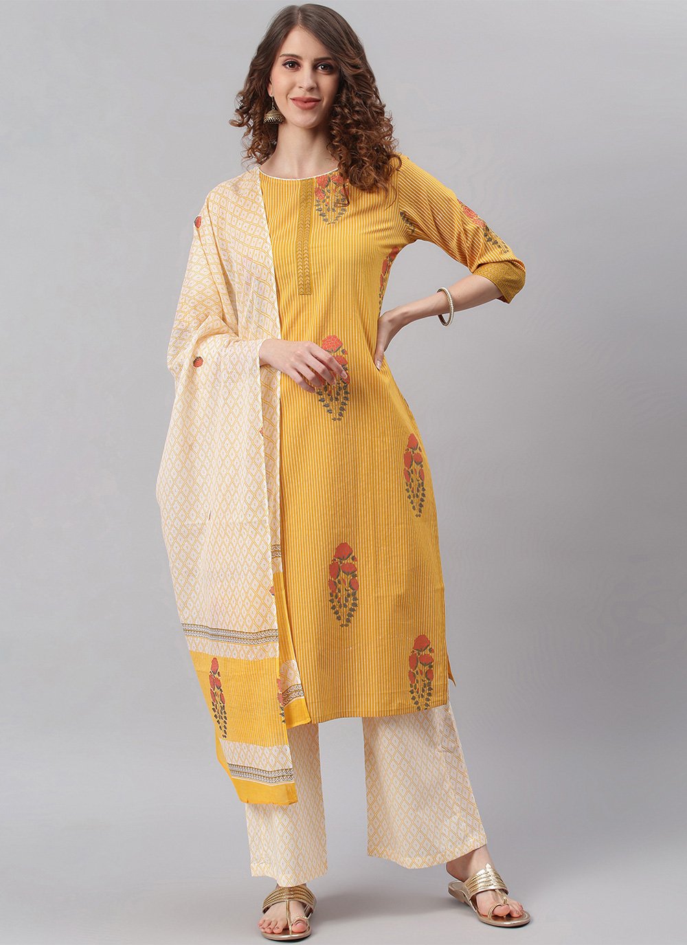 Straight Salwar Suit Cotton Mustard Strips Print Salwar Kameez