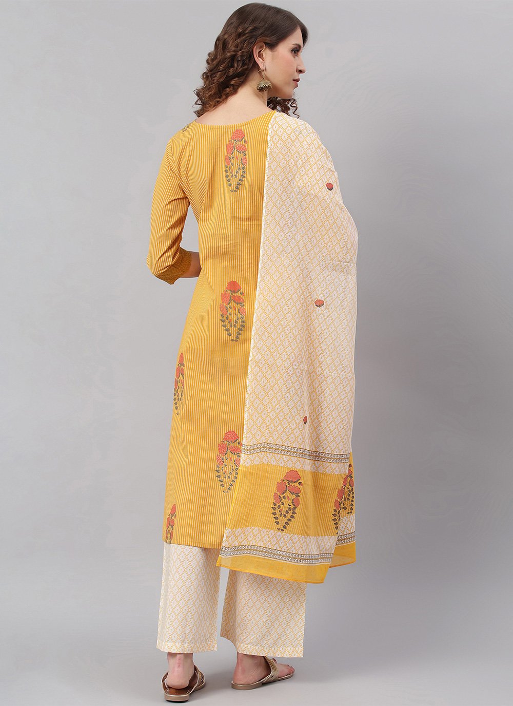 Straight Salwar Suit Cotton Mustard Strips Print Salwar Kameez