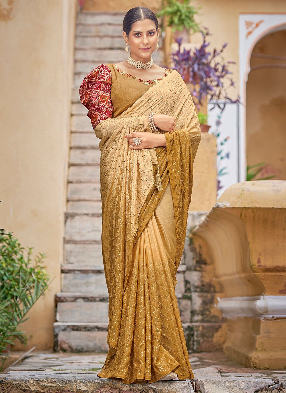 Contemporary Chinon Mustard Sequins Saree