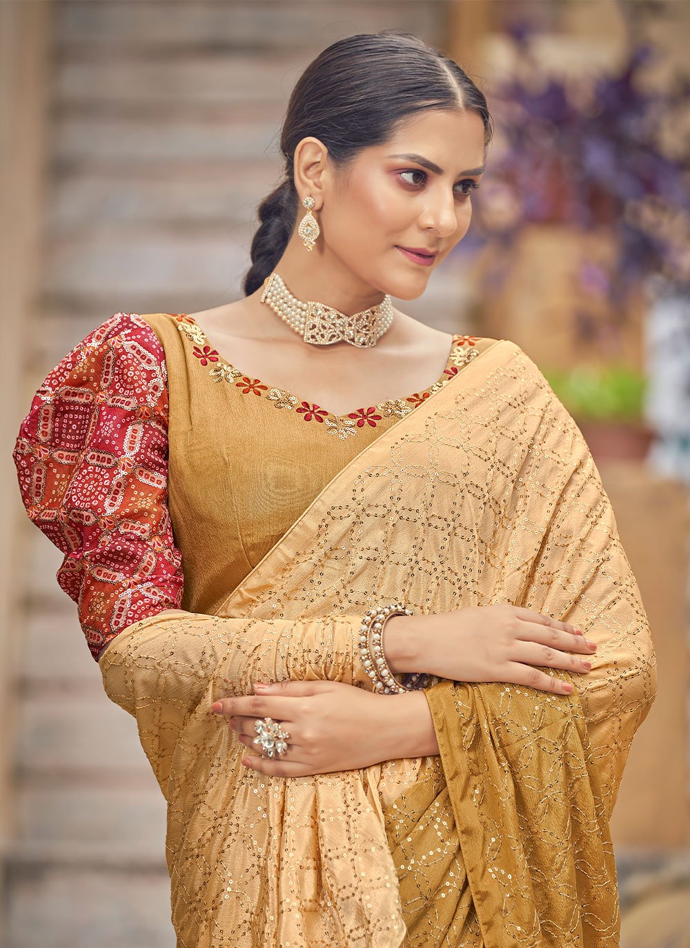 Contemporary Chinon Mustard Sequins Saree