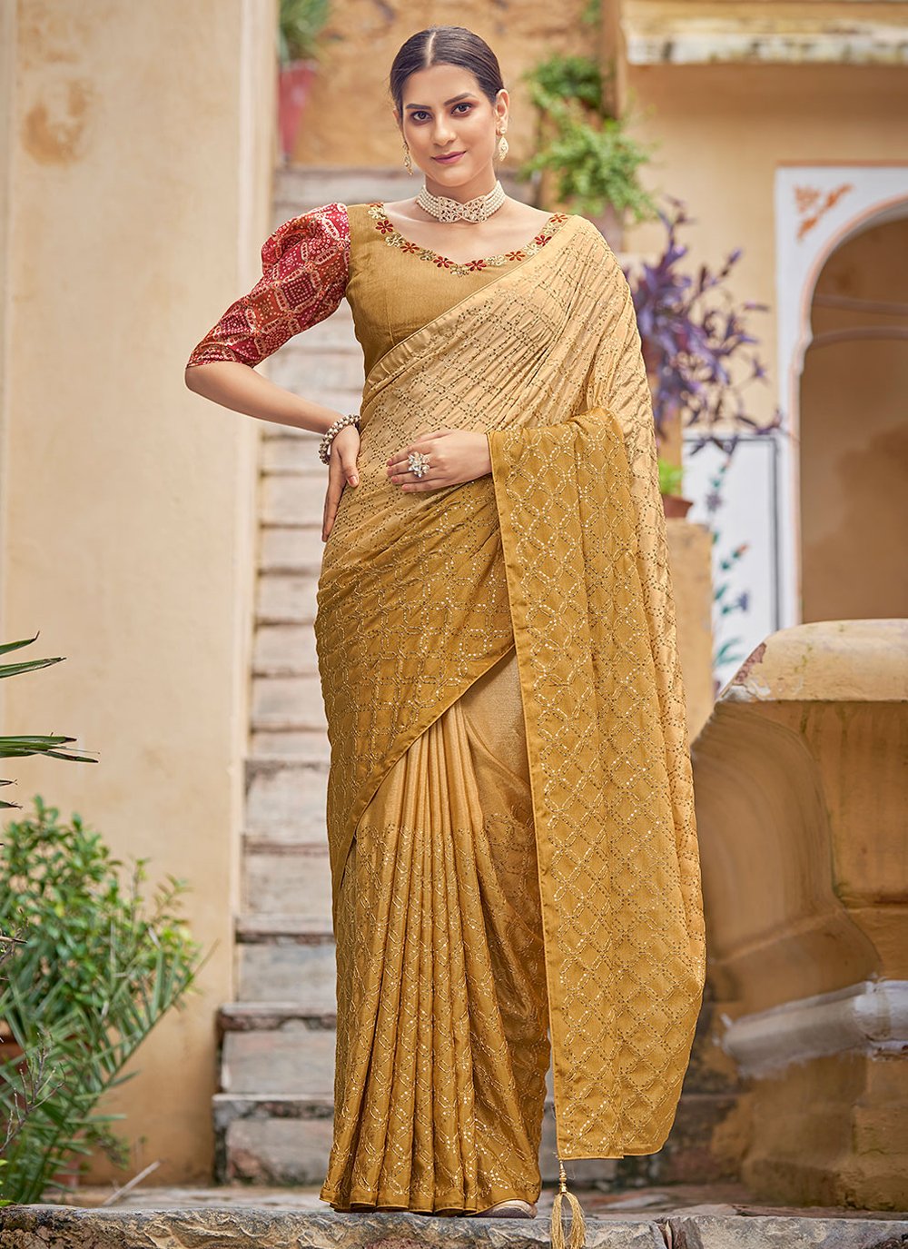 Contemporary Chinon Mustard Sequins Saree