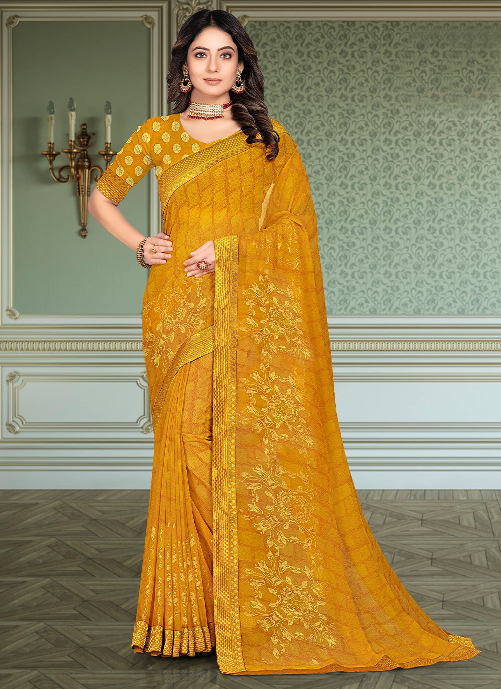 Trendy Saree Georgette Mustard Foil Print Saree