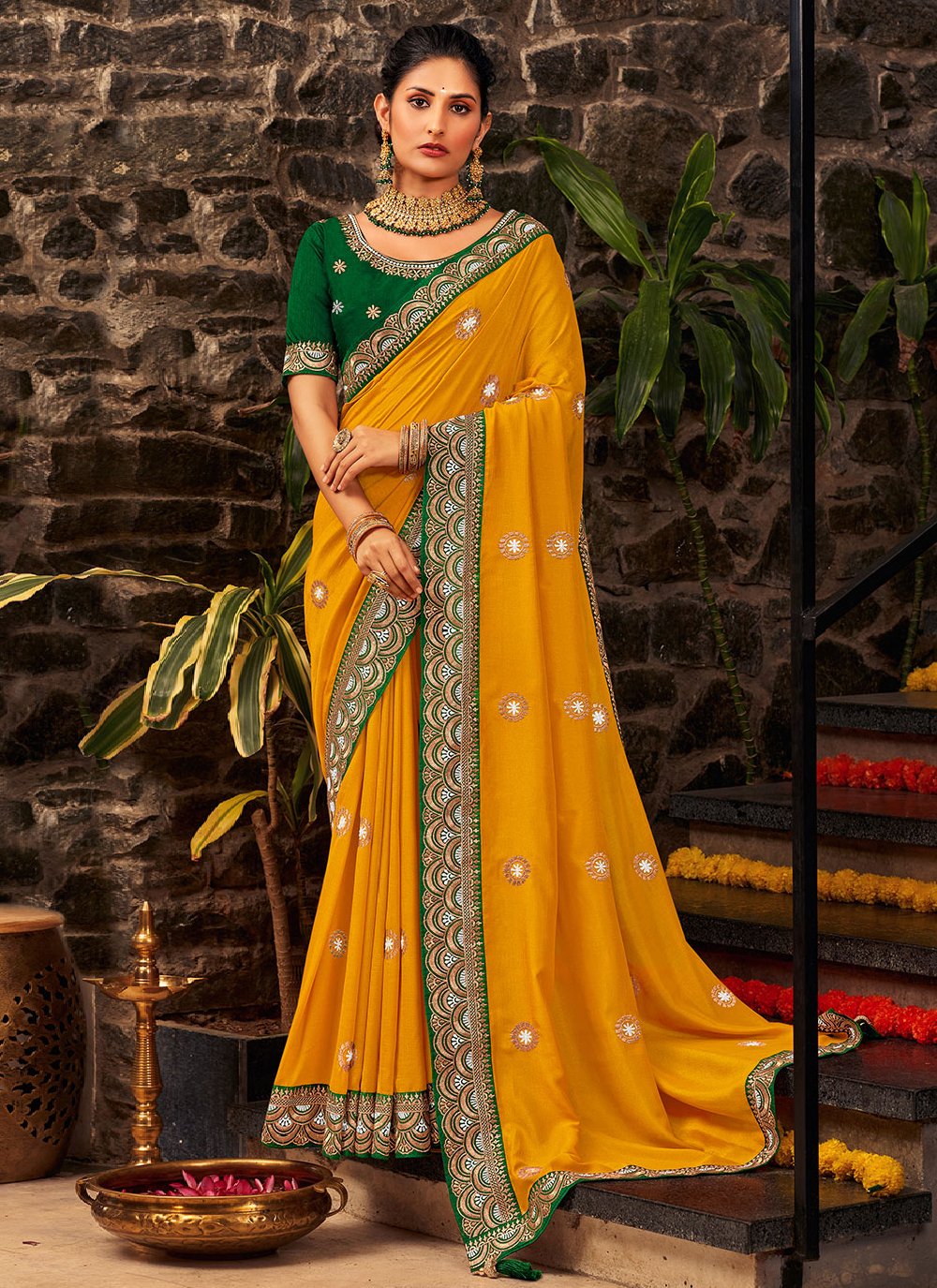 Contemporary Vichitra Silk Mustard Embroidered Saree