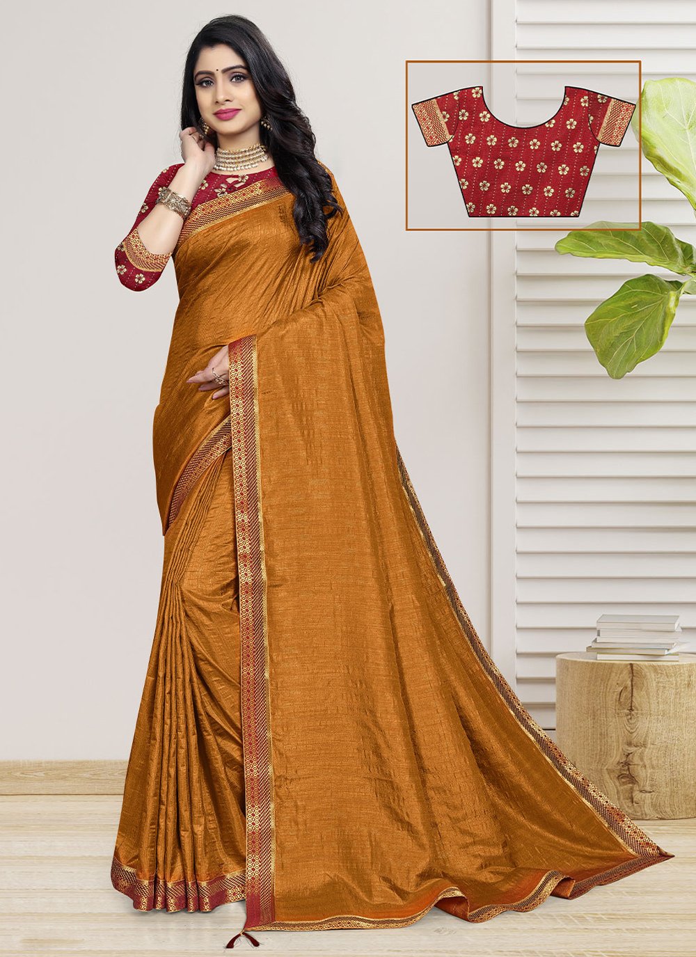 Classic Vichitra Silk Mustard Fancy Work Saree