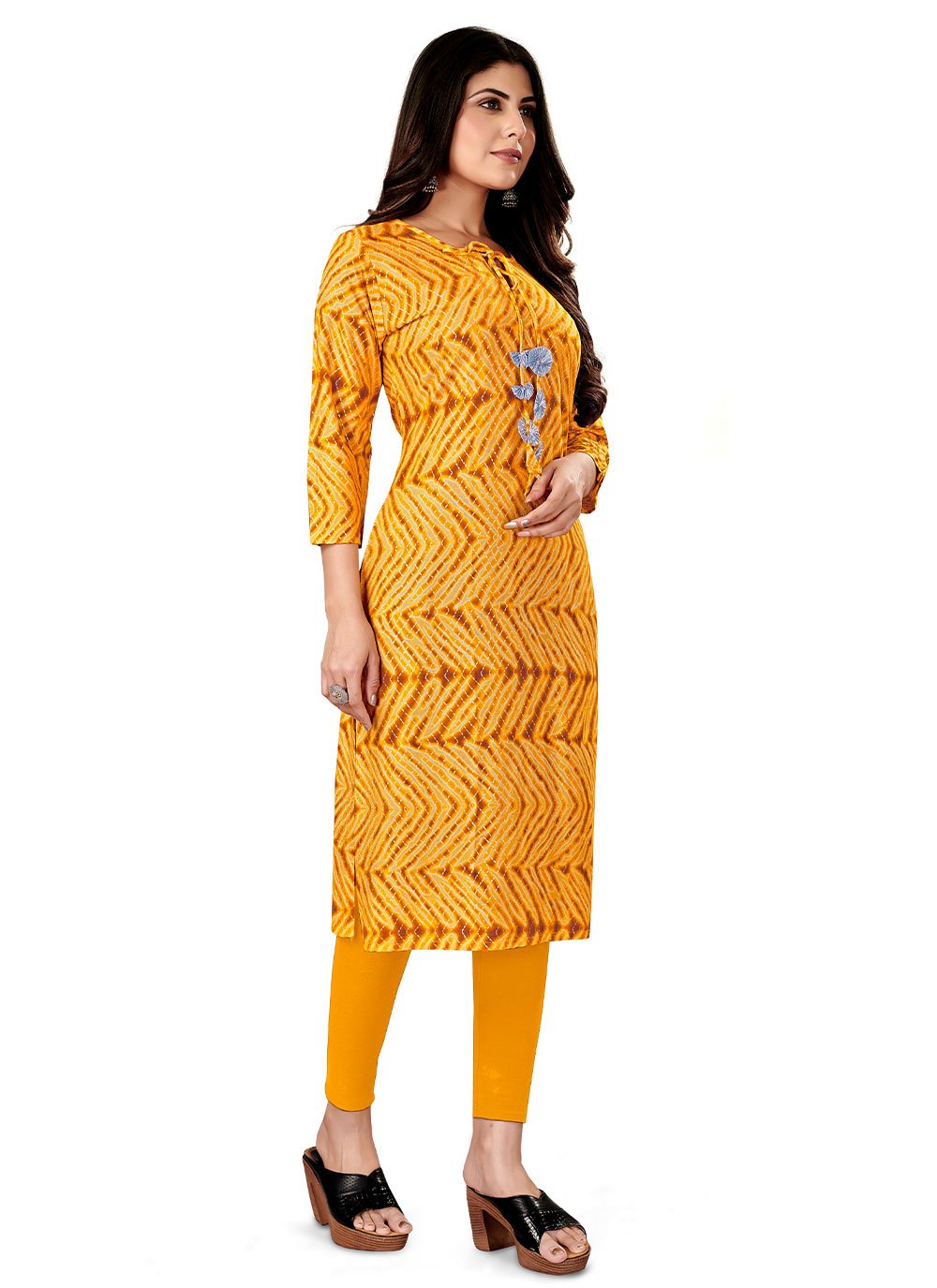 Casual Kurti Rayon Viscose Mustard Foil Print Kurtis