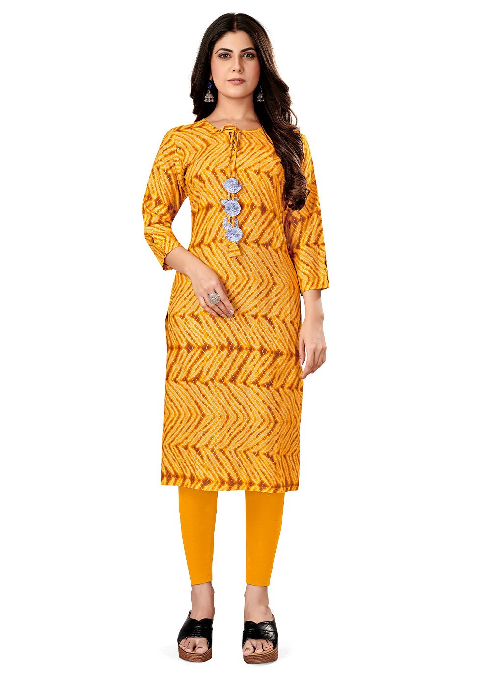 Casual Kurti Rayon Viscose Mustard Foil Print Kurtis