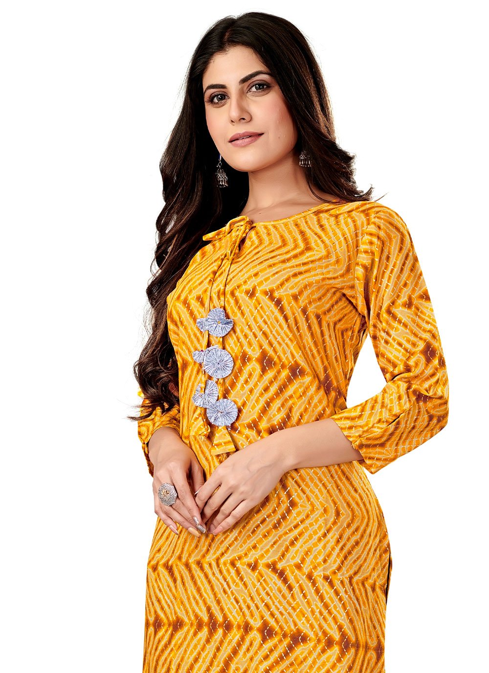 Casual Kurti Rayon Viscose Mustard Foil Print Kurtis