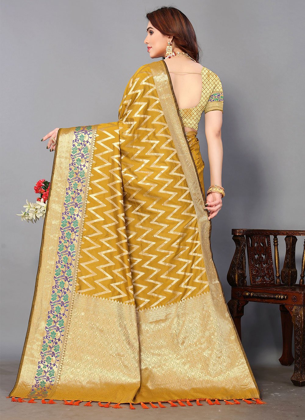 Classic Silk Mustard Jacquard Work Saree