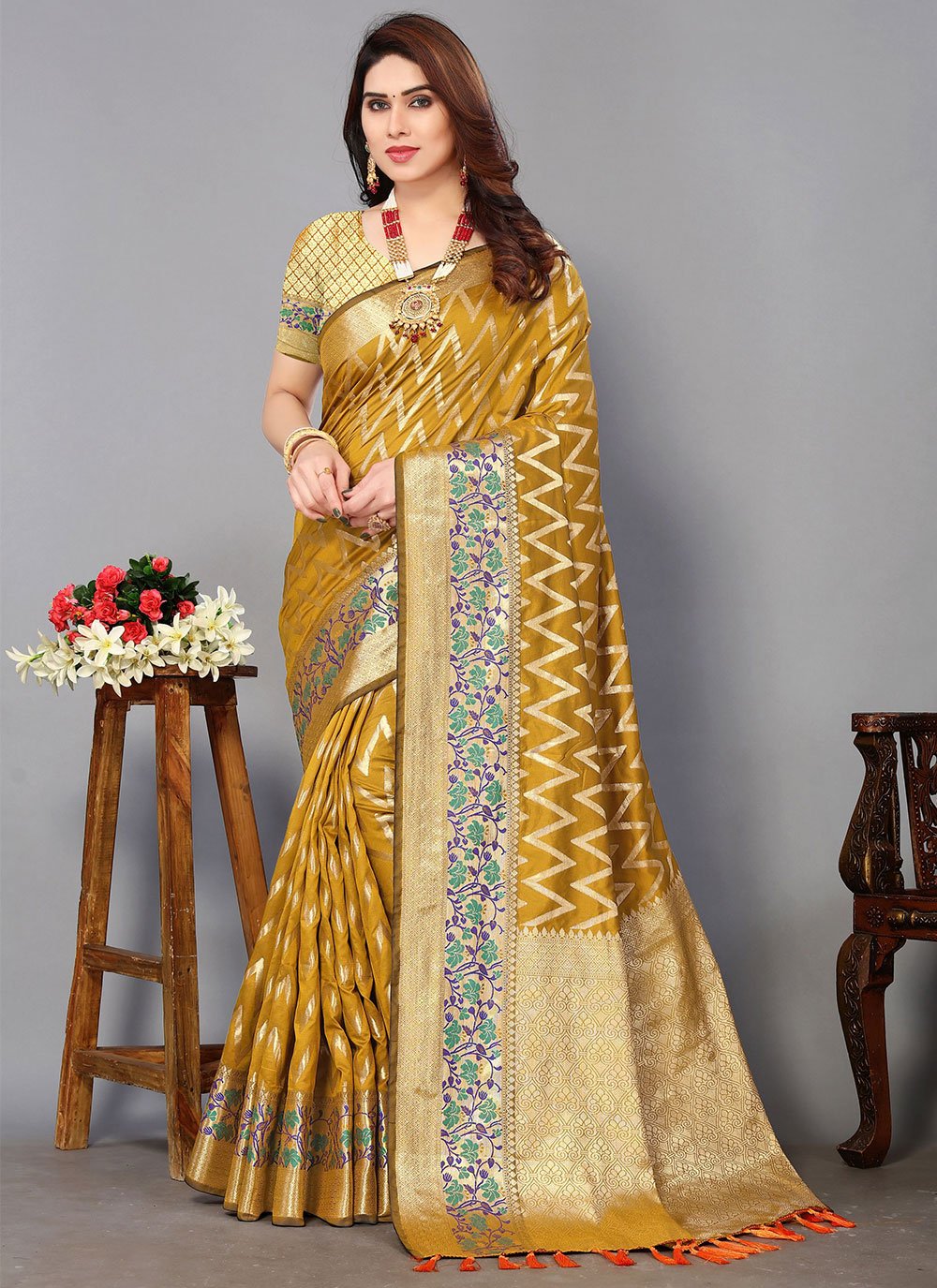 Classic Silk Mustard Jacquard Work Saree