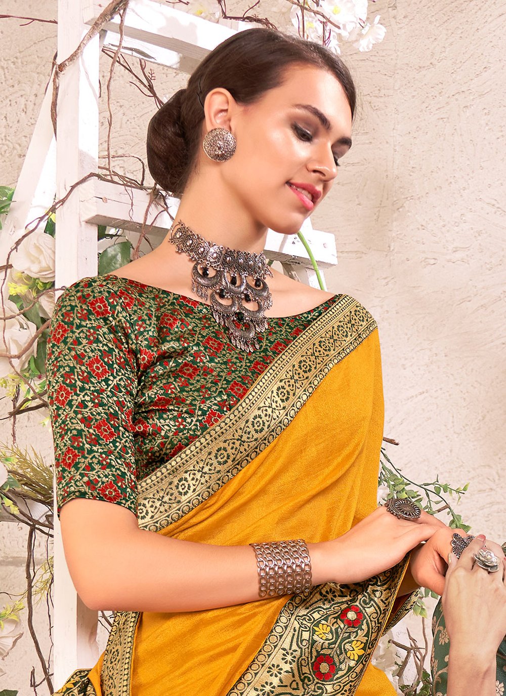 Trendy Saree Vichitra Silk Mustard Jacquard Work Saree