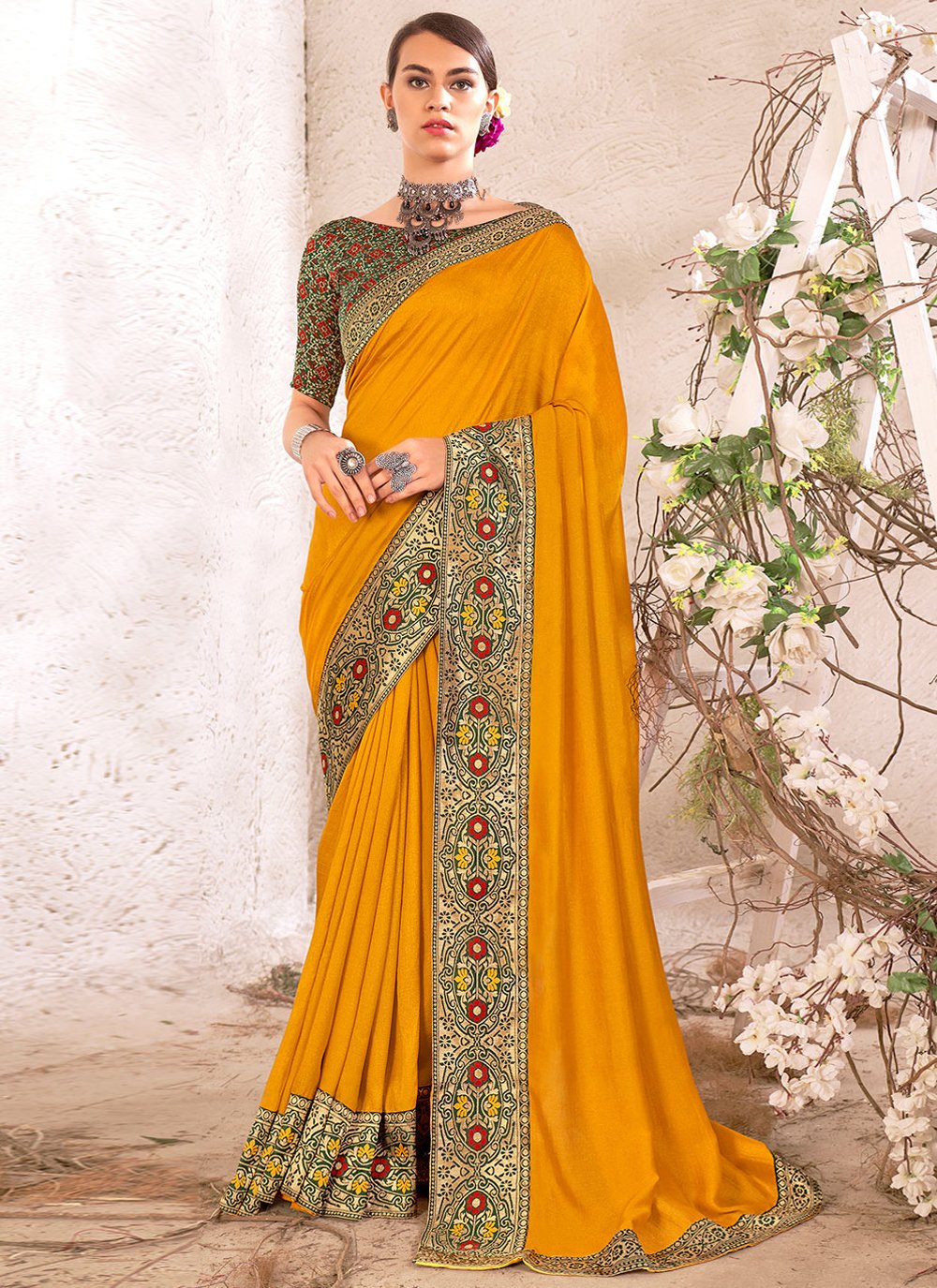 Trendy Saree Vichitra Silk Mustard Jacquard Work Saree