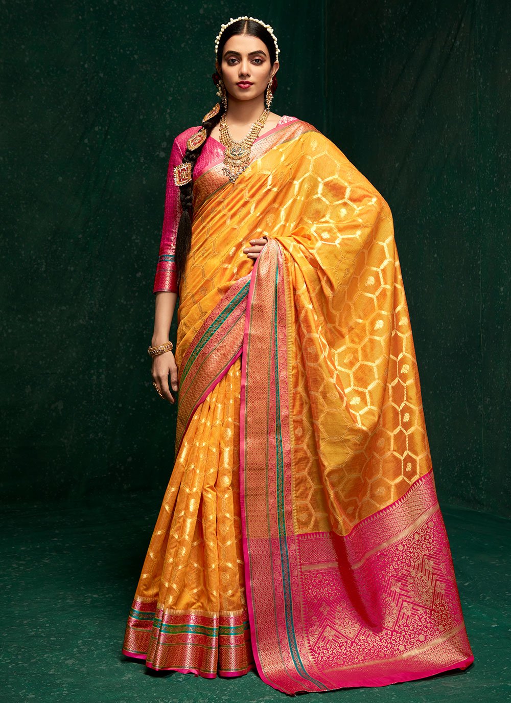 Trendy Saree Cotton Silk Mustard Patch Border Saree