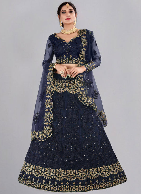 A Line Lehenga Net Blue Embroidered Lehenga Choli