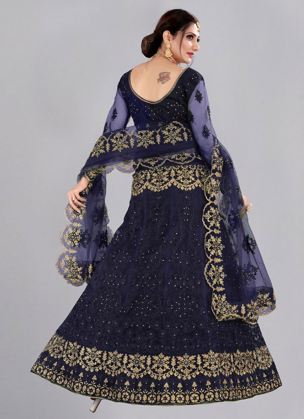 A Line Lehenga Net Blue Embroidered Lehenga Choli