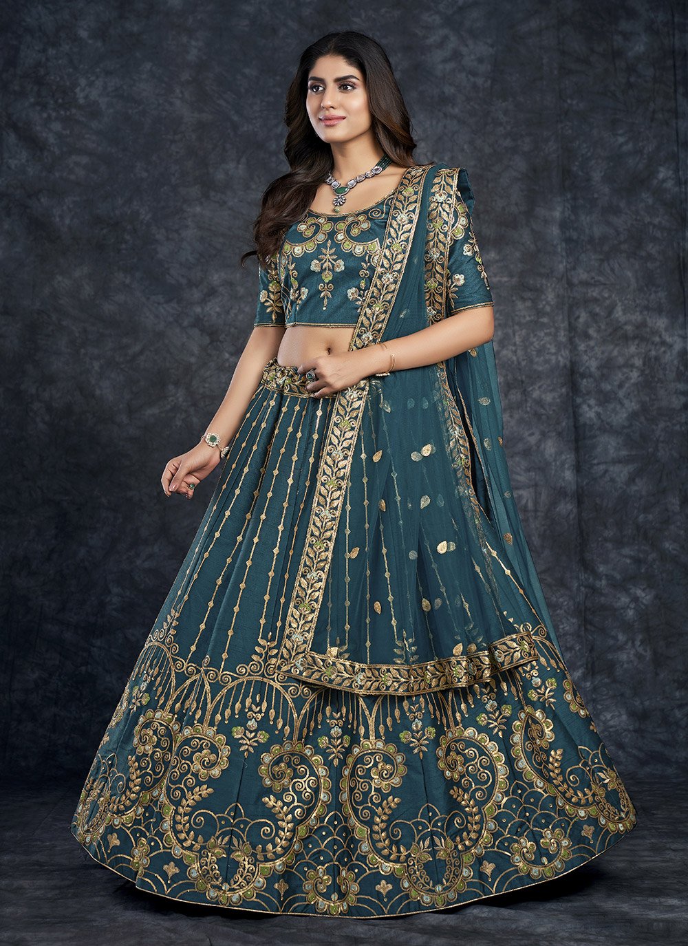 A Line Lehenga Silk Blue Dimond Lehenga Choli