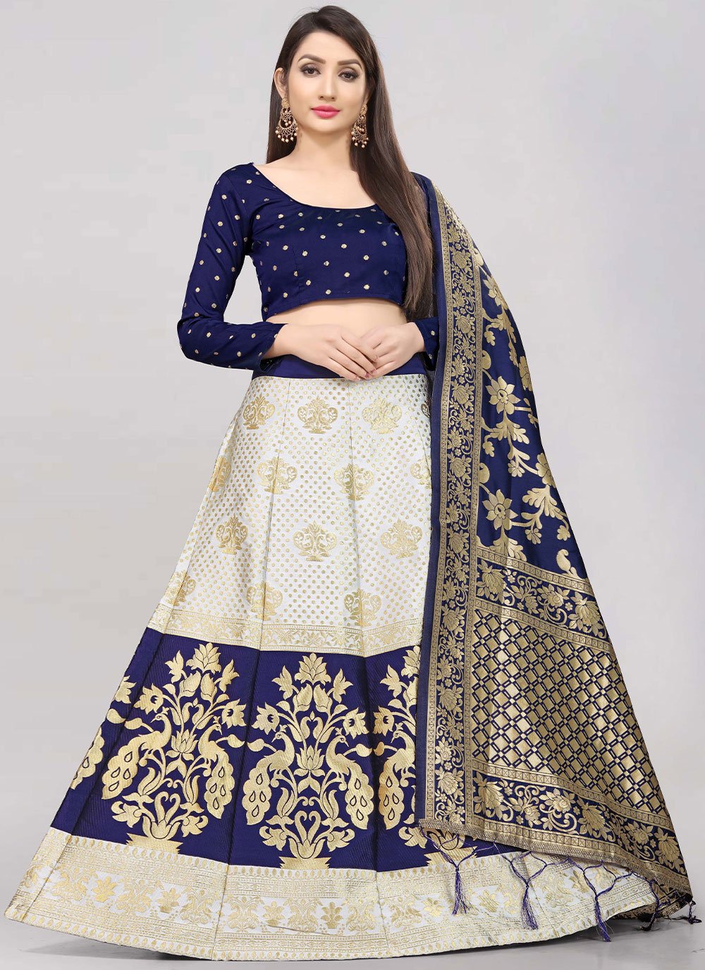 Lehenga Choli Banarasi Silk Jacquard Blue Off White Jacquard Work Lehenga Choli