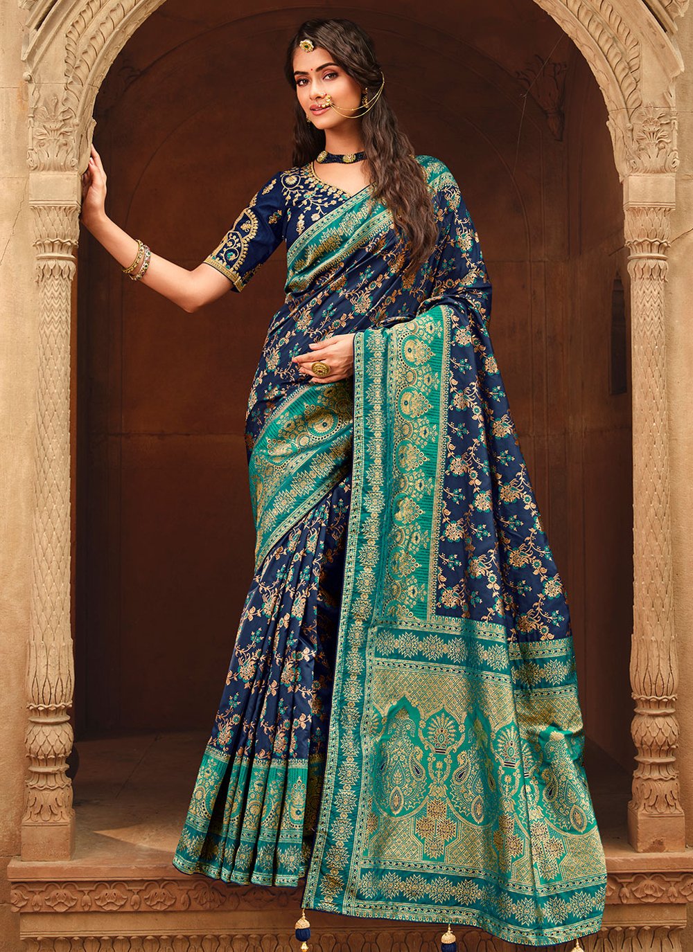 Trendy Saree Silk Blue Rama Weaving Saree