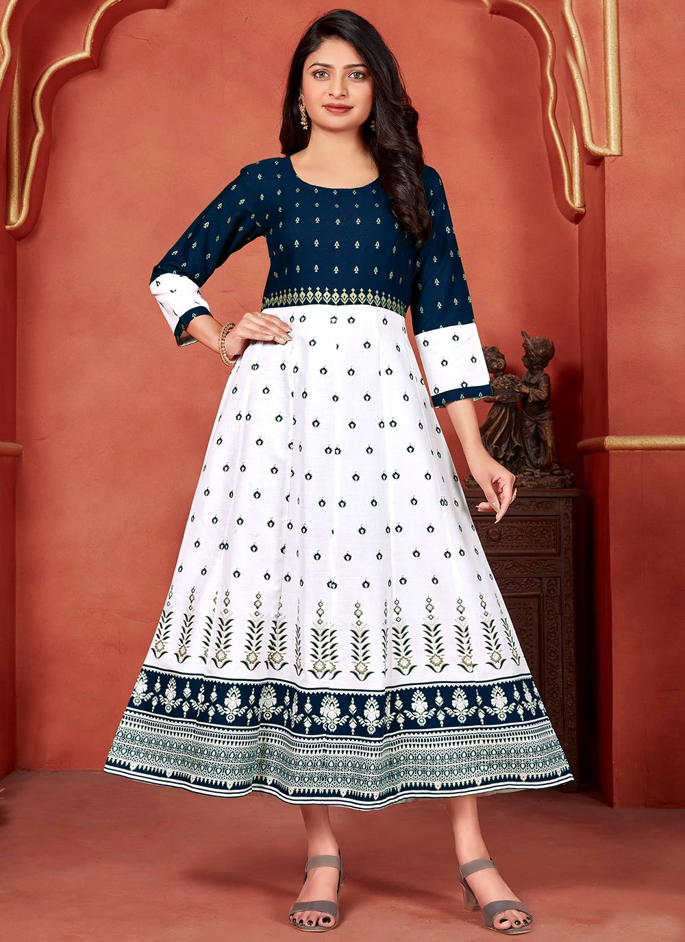 Designer Kurti Rayon Blue White Foil Print Kurtis