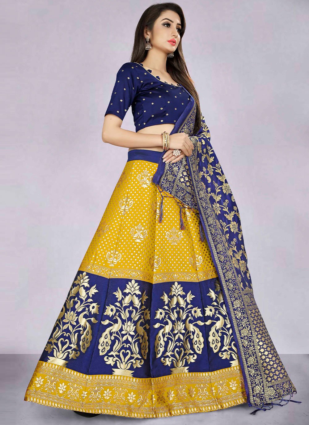 Lehenga Choli Banarasi Silk Jacquard Blue Yellow Jacquard Work Lehenga Choli