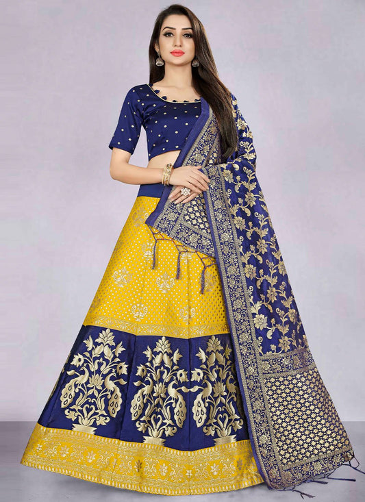 Lehenga Choli Banarasi Silk Jacquard Blue Yellow Jacquard Work Lehenga Choli