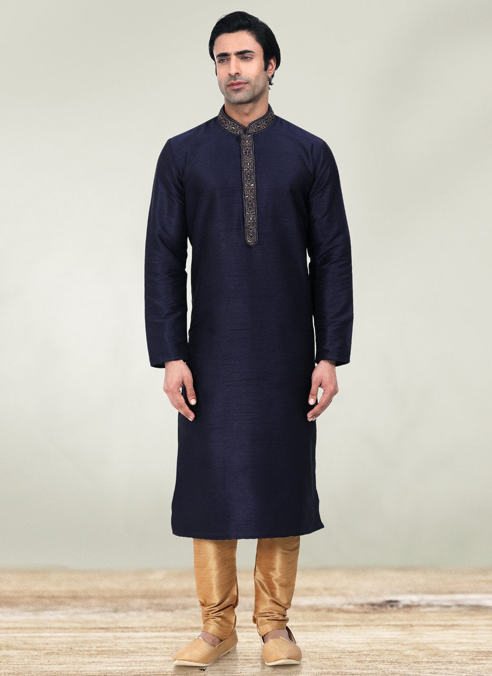 Kurta Pyjama Art Banarasi Silk Blue Embroidered Mens