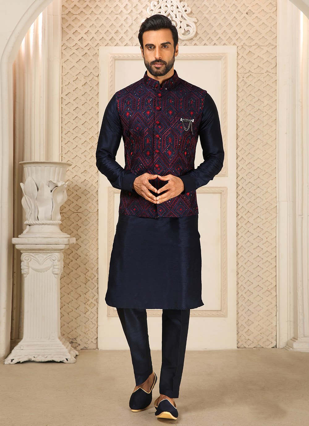 Kurta Payjama With Jacket Art Banarasi Silk Blue Embroidered Mens