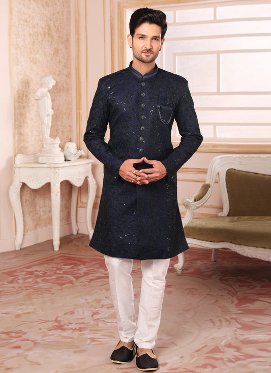 Indo Western Art Silk Blue Embroidered Mens