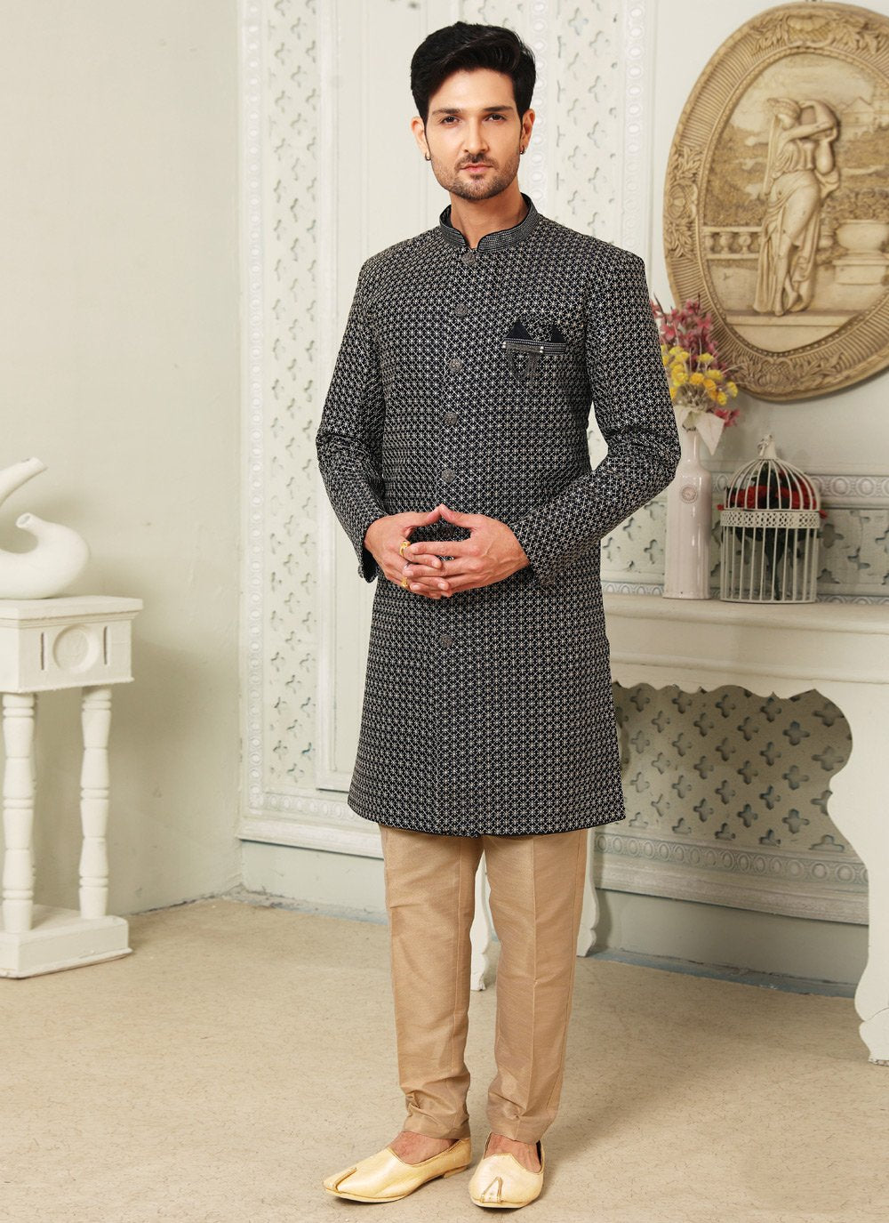 Indo Western Art Silk Blue Embroidered Mens