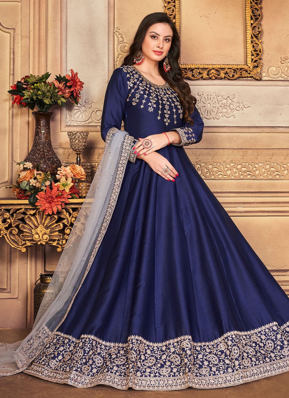 Salwar Suit Art Silk Blue Embroidered Salwar Kameez