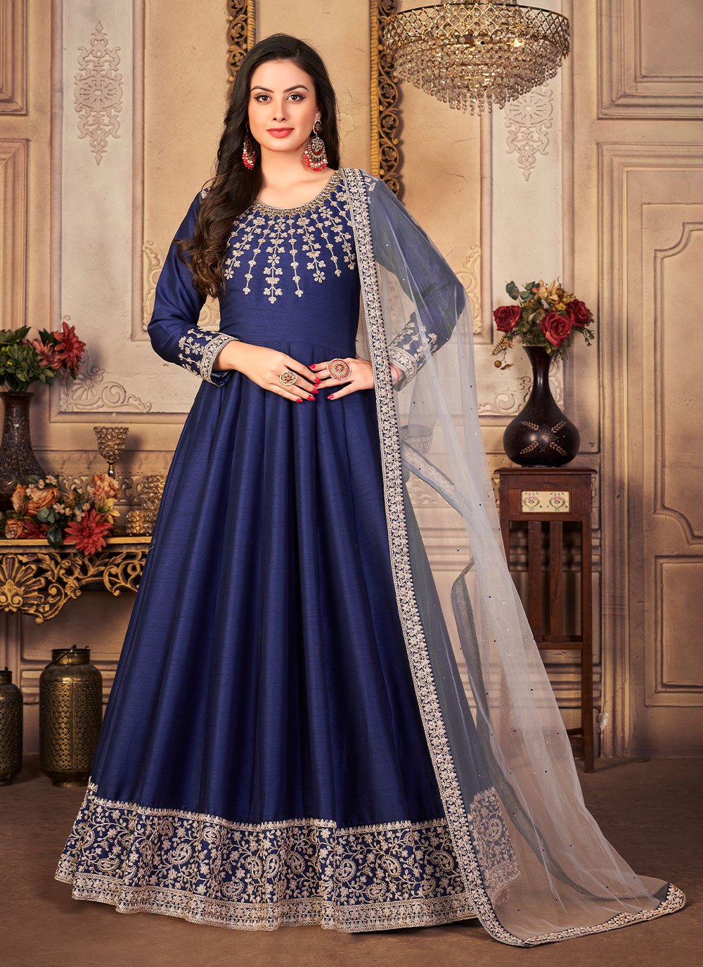 Salwar Suit Art Silk Blue Embroidered Salwar Kameez