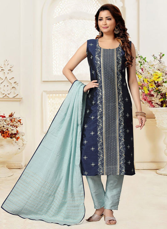 Salwar Suit Art Silk Blue Embroidered Salwar Kameez