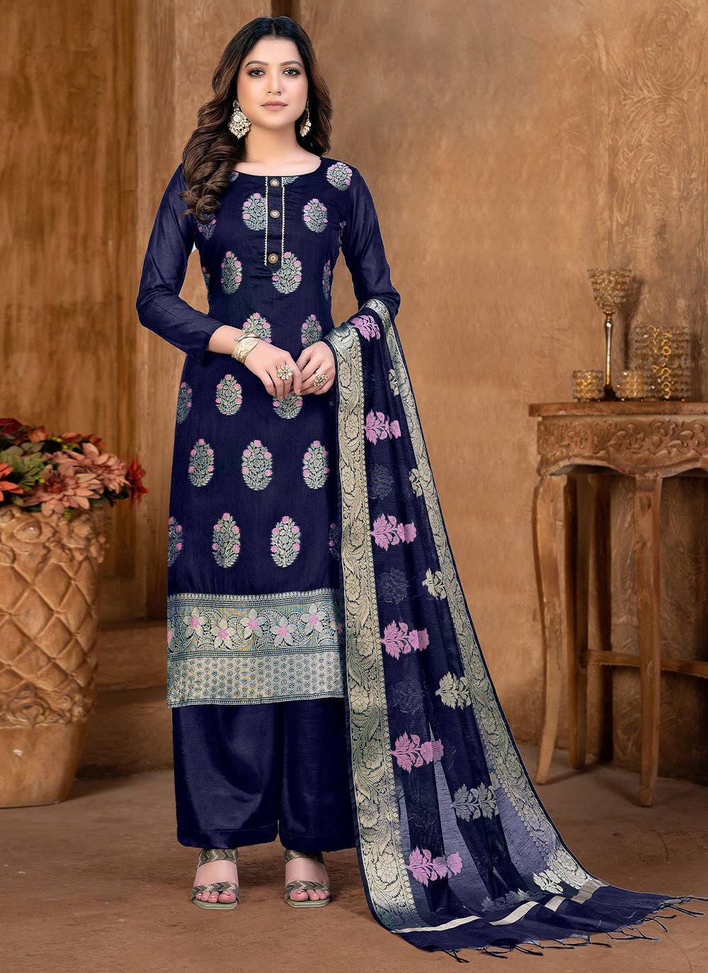 Salwar Suit Banarasi Jacquard Blue Weaving Salwar Kameez