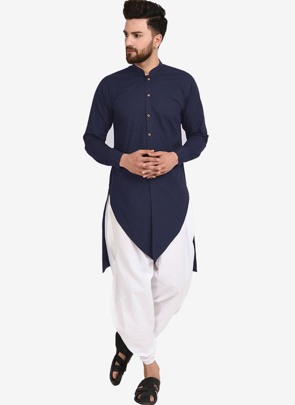 Dhoti Kurta Blended Cotton Blue Plain Mens