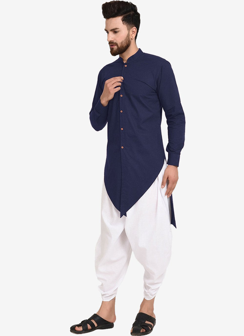 Dhoti Kurta Blended Cotton Blue Plain Mens