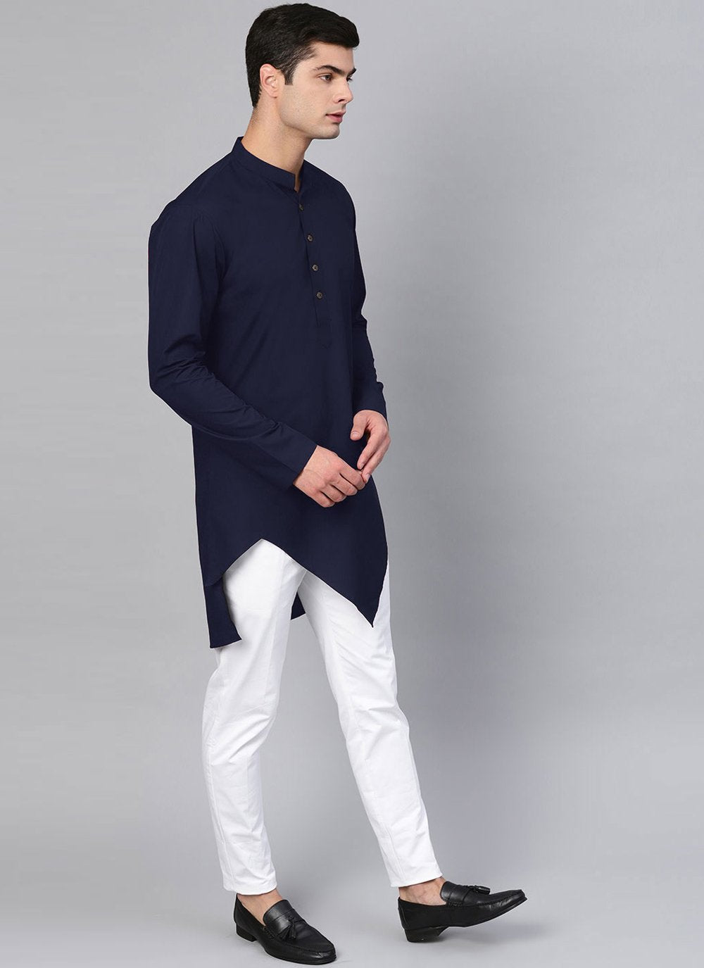 Indo Western Blended Cotton Blue Buttons Mens