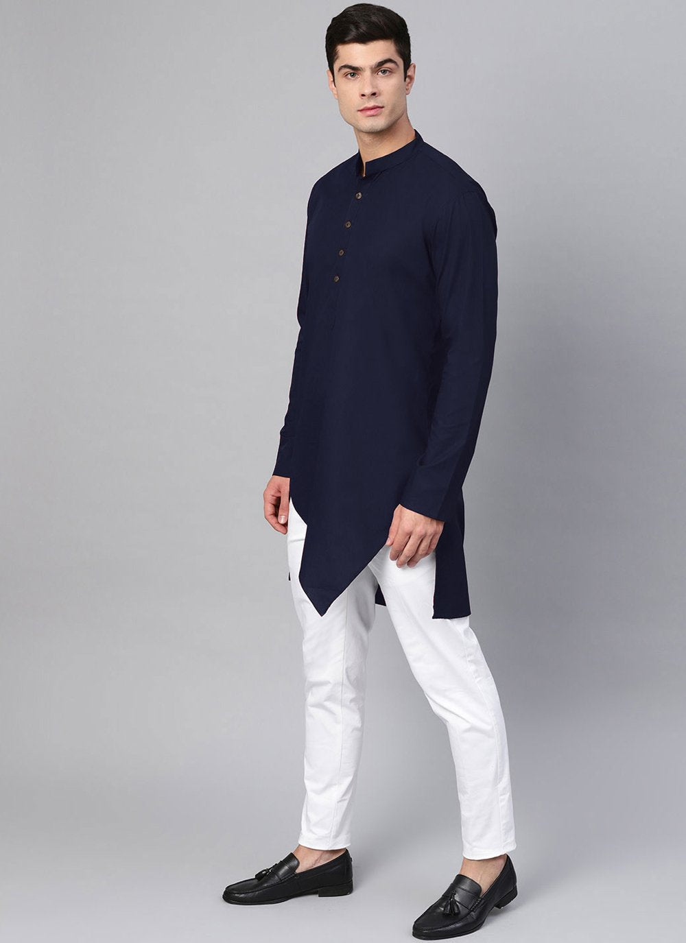 Indo Western Blended Cotton Blue Buttons Mens