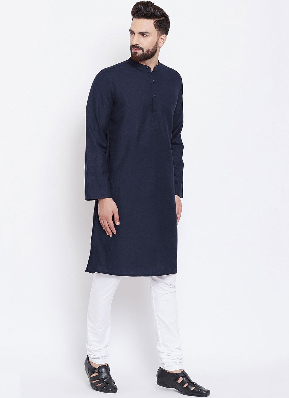 Kurta Pyjama Blended Cotton Blue Plain Mens