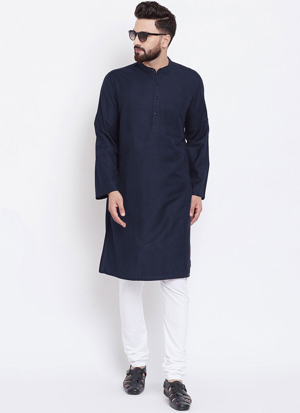 Kurta Pyjama Blended Cotton Blue Plain Mens